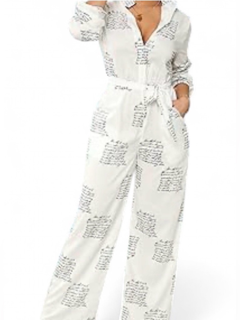White Script-Print Long Sleeve Jumpsuit